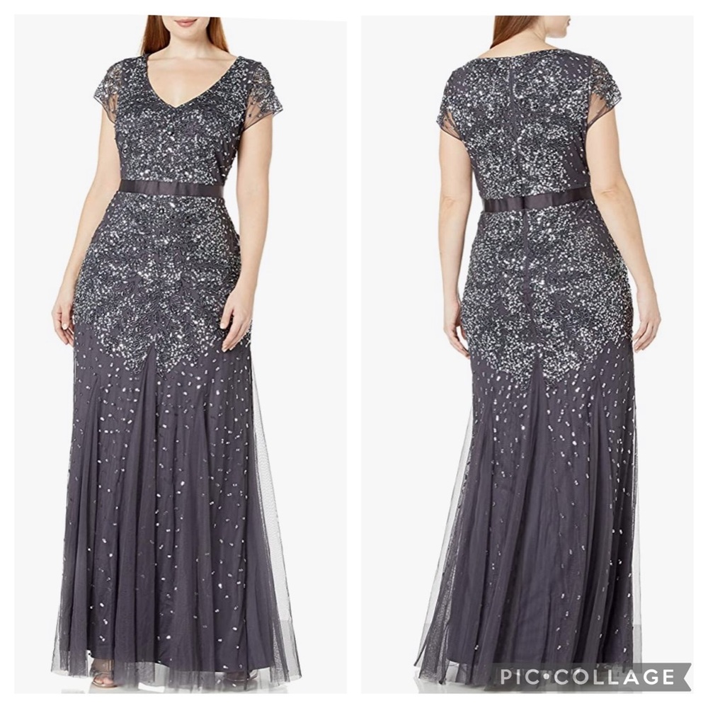 Adrianna papell Gunmetal grey sequin& beaded cap sleeves Long Dress - Picture 4 of 15